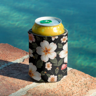 Enfriador De Latas Patrón floral brillante sobre negro