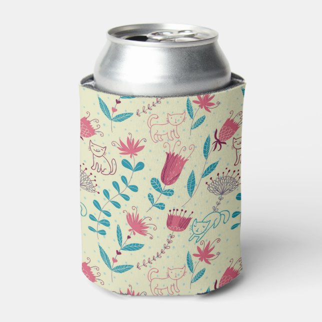Enfriador De Latas Patrón floral con gatos personalizados (Lata Anverso)