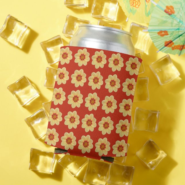 Enfriador De Latas Patrón floral Dahlia amarillo en rojo (Verano in situ)