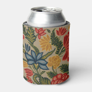 Enfriador De Latas Patrón Floral de Crewel Rojo y Dorado Vintage