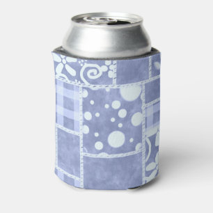 Enfriador De Latas Patrón Floral de Gingham Azul de Colcha Loca 