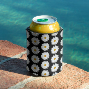 Enfriador De Latas Patrón floral de margarita blanca sobre negro