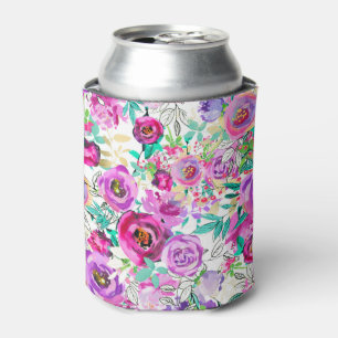 Enfriador De Latas Patrón floral moderno colorido rosa púrpura