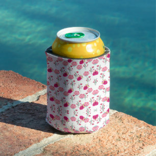Enfriador De Latas Patrón floral simétrico de jardín en rosa rojo y r