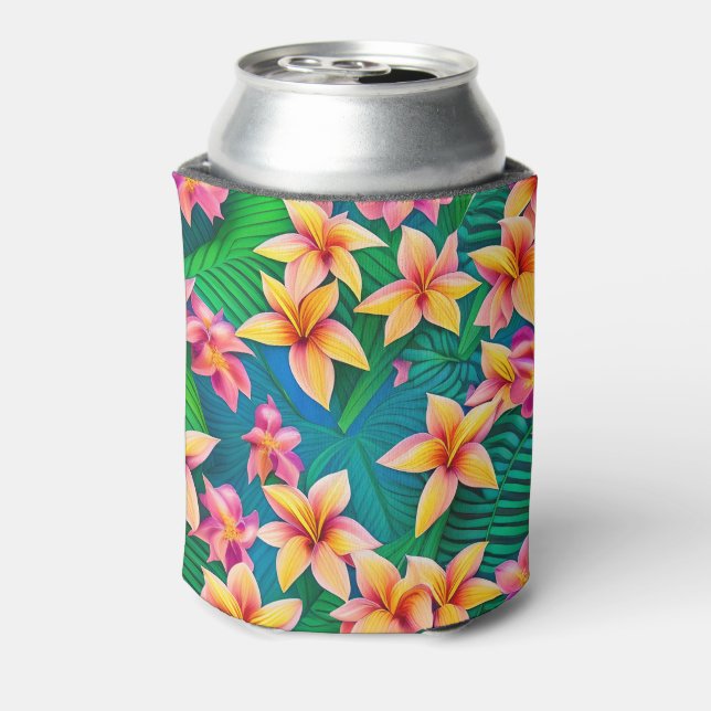 Enfriador De Latas Patrón hawaiano de flores tropicales (Reverso de la lata)