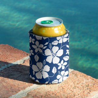 ENFRIADOR DE LATAS PATRÓN HAWAIANO DE HULA (HIBISCO) EN AZUL MARINO