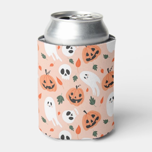 Enfriador De Latas Patrón Jack-O-Lantern y fantasma (Lata Anverso)