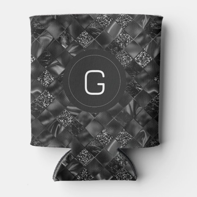 Enfriador De Latas Patrón moderno monogramado negro falso Purpurina (Anverso)