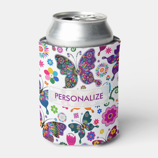 Enfriador De Latas Patrón Monogramado de mariposas y flores (Lata Anverso)
