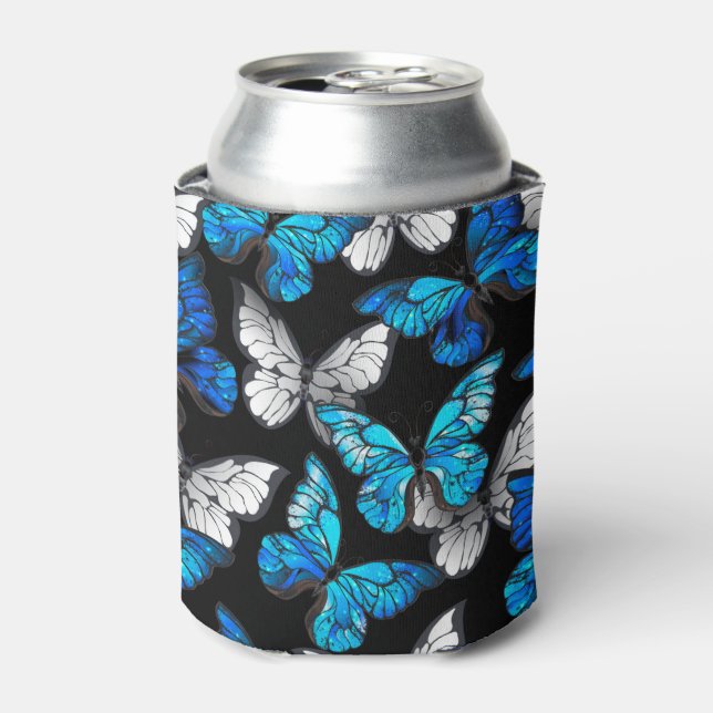 Enfriador De Latas Patrón oscuro sin foco con mariposas azules morfo (Lata Anverso)