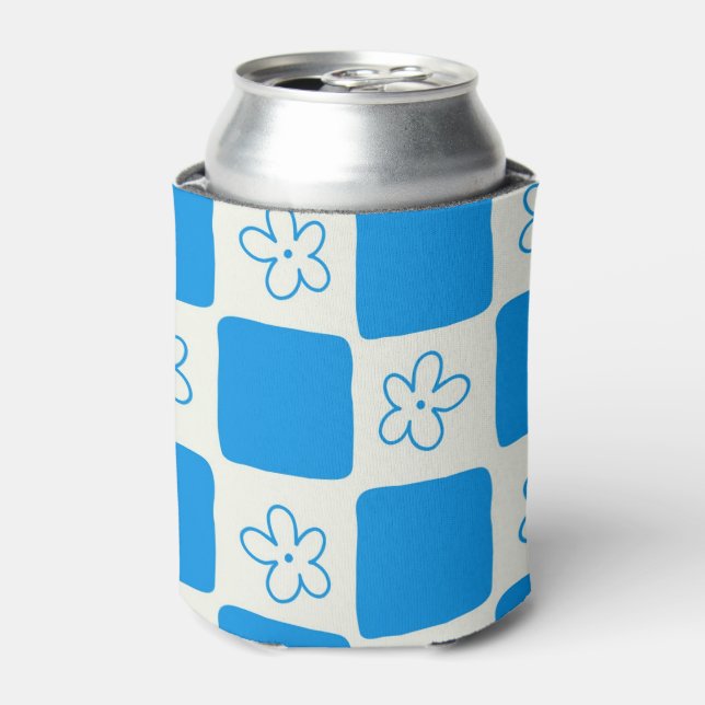 Enfriador De Latas Patrón Preppy Blue Flower Checkpoint (Lata Anverso)