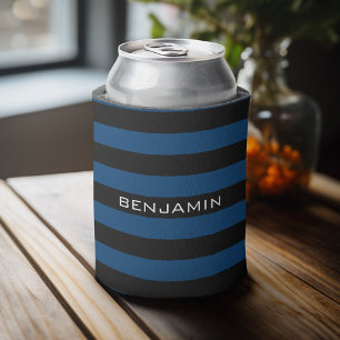 Enfriador De Latas Patrón rayado negro y azul Añadir tu nombre
