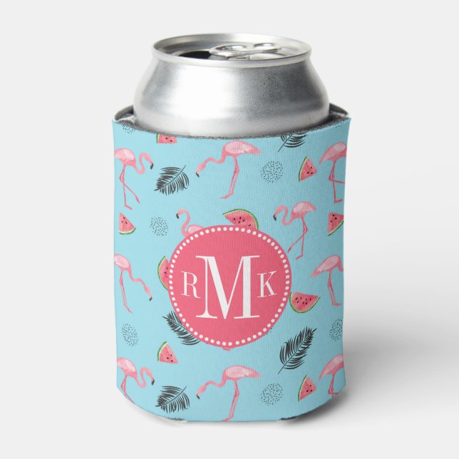 Enfriador De Latas Patrón trendy de flamenco tropical y sandía (Lata Anverso)