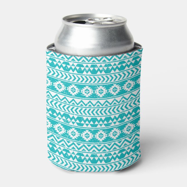 Enfriador De Latas Patrón tribal azteca grunge verde azulado (Lata Anverso)