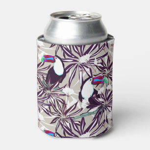 Enfriador De Latas Patrón tropical con palmeras y aves.