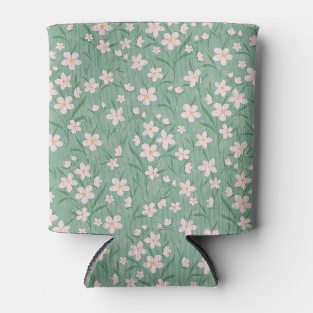 Enfriador De Latas Patrón verde botánico floral blanco acuarela (Anverso)