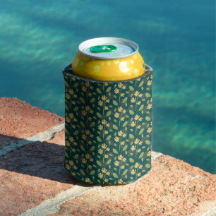 Enfriador De Latas Patrón verde vibrante con flores y hojas amarillas
