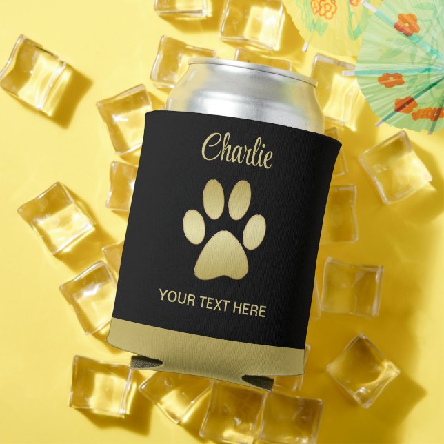 Enfriador De Latas Paw dorada de perro brillante sobre fondo negro (Verano in situ)