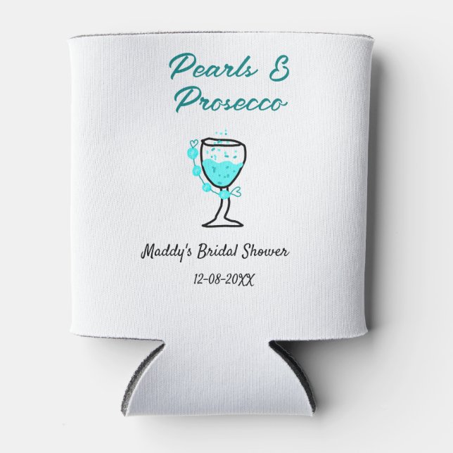 Enfriador De Latas Pearls and prosecco bridal shower blue black name  (Anverso)