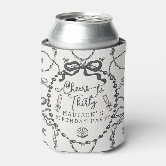 Enfriador De Latas Pearls Prosecco Black Coquette Bow Favor de cumple (Lata Anverso)