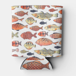 Enfriador De Latas Peces de Doodle, acuarela amarilla roja.