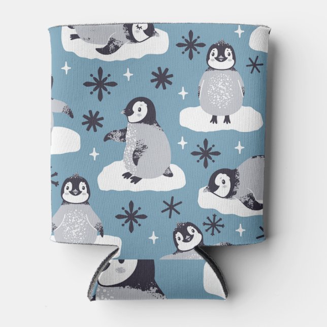 Enfriador De Latas Penguins Snowflakes Winter Seamless Pattern (Anverso)