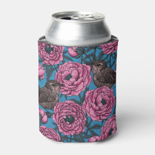 Enfriador De Latas Peonies y wrens en azul
