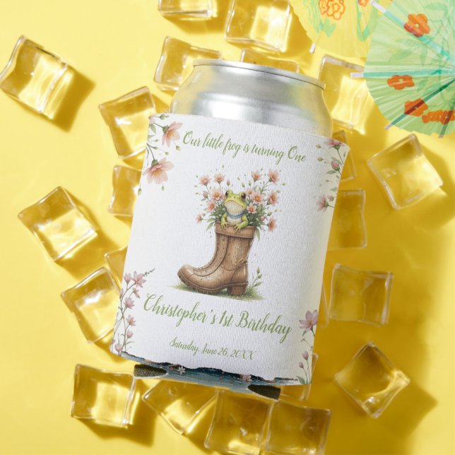 Enfriador De Latas Pequeña rana personalizada Froggie primer cumpleañ (Verano in situ)