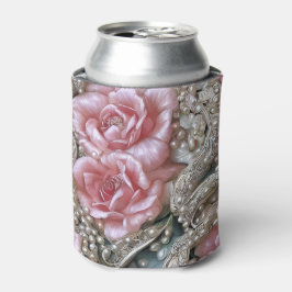 Enfriador De Latas Perlas vintage y patrón de rosas rosadas