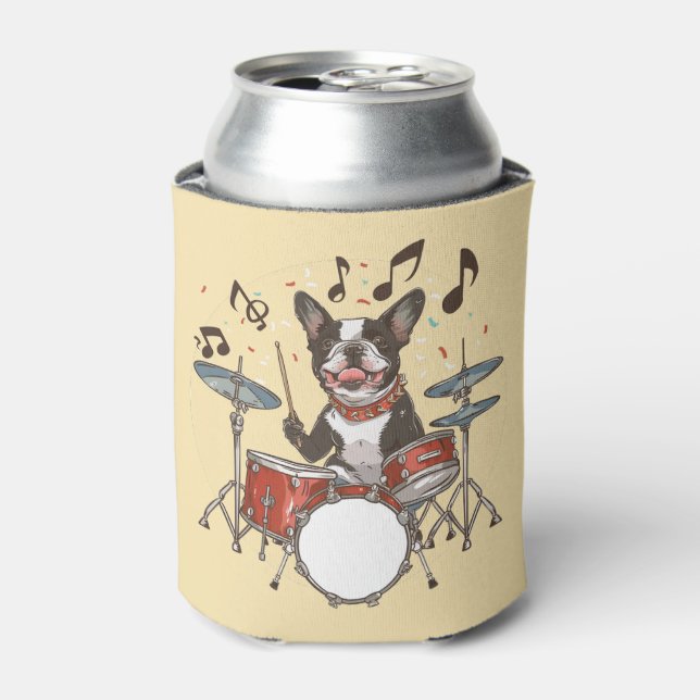 Enfriador De Latas Perro Boston Terrier tocando la batería (Lata Anverso)