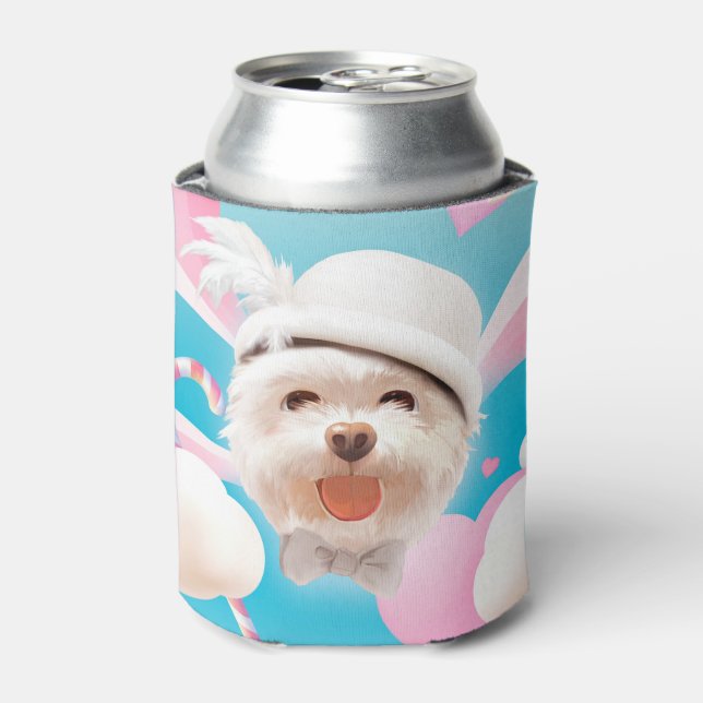 Enfriador De Latas Perro esponjoso con Gorra blanco (Lata Anverso)