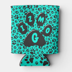 Enfriador De Latas Perro Paws Black and White Polka Dot en cian vivo
