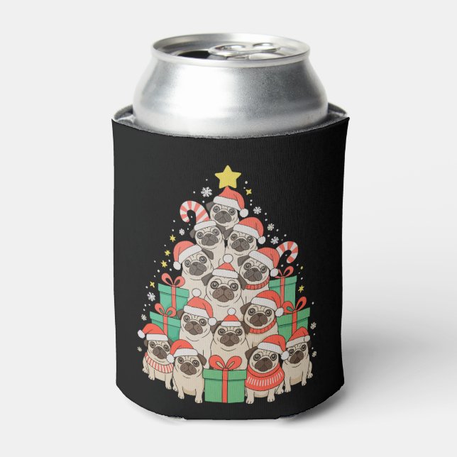 Enfriador De Latas Perros Pug Árbol de Navidad Navidad Papá Mamá Fami (Lata Anverso)