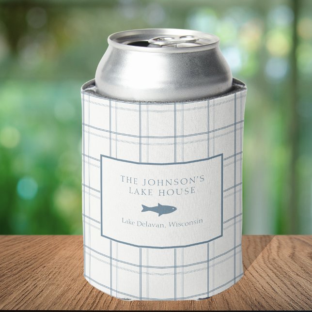 Enfriador De Latas Personalizable clásico Plaid Lake House Blue Fish (Subido por el creador)