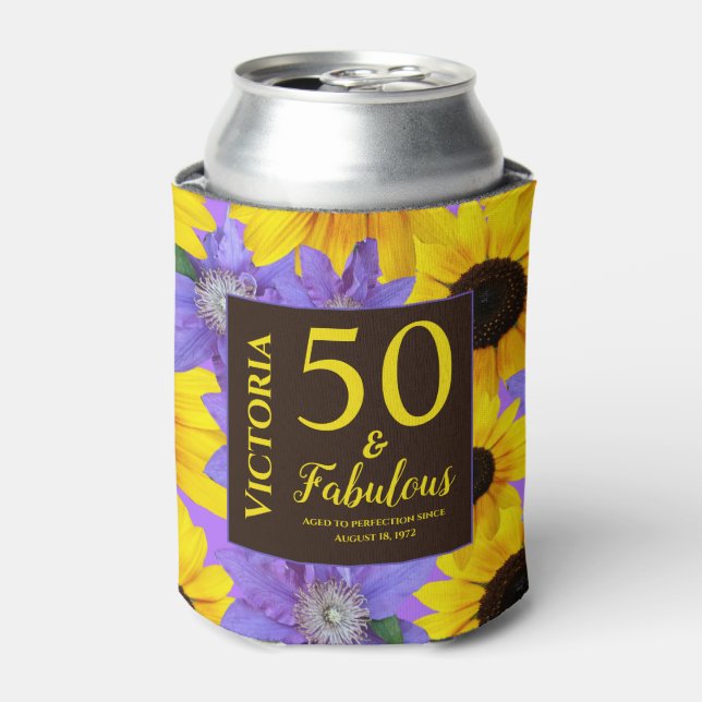 Enfriador De Latas Personalizado 50 y Fabuloso Girasol y Púrpura (Lata Anverso)