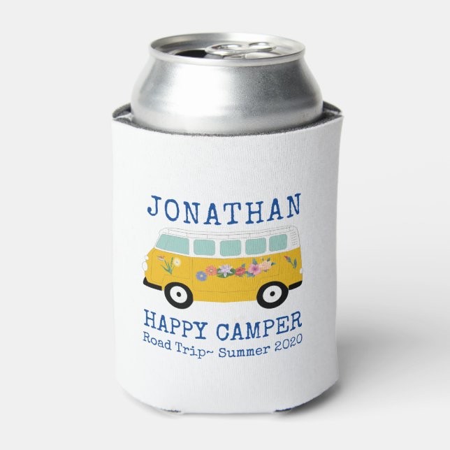 Enfriador De Latas Personalizado azul Happy Camper Retro RV (Lata Anverso)