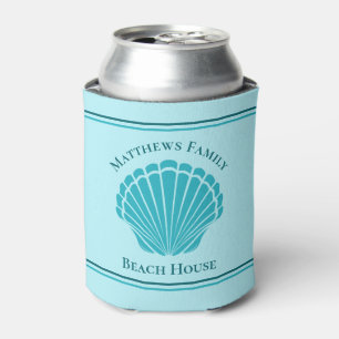 Enfriador De Latas Personalizado Beach House Aqua Blue Seashell Monog