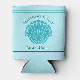 Enfriador De Latas Personalizado Beach House Aqua Blue Seashell Monog