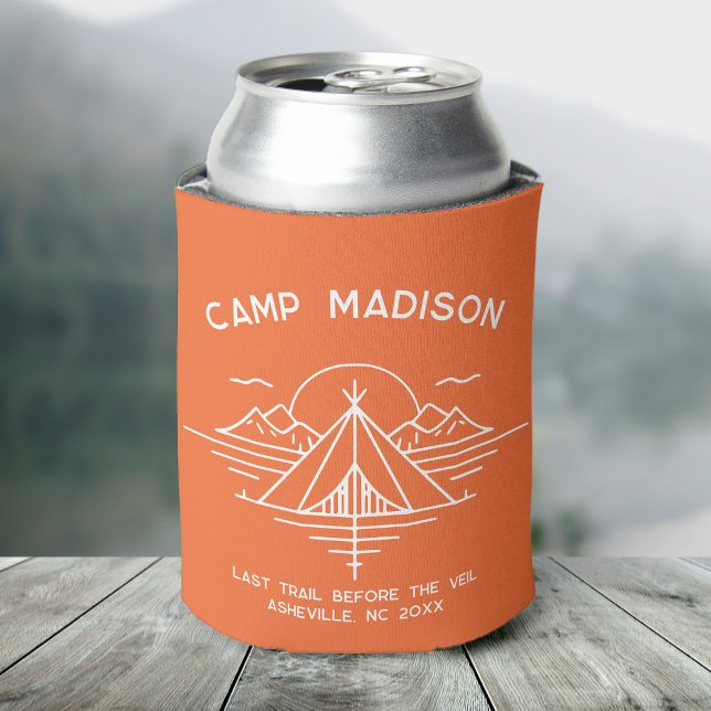 Enfriador De Latas Personalizado Camp Bachelorette Party favorece el  (A can covered in a orange cooler featuring "Camp Madison" and a line graphic of mountains and a tent)