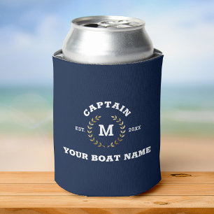 Enfriador De Latas Personalizado Capitán Bote Monograma Laurel Náut