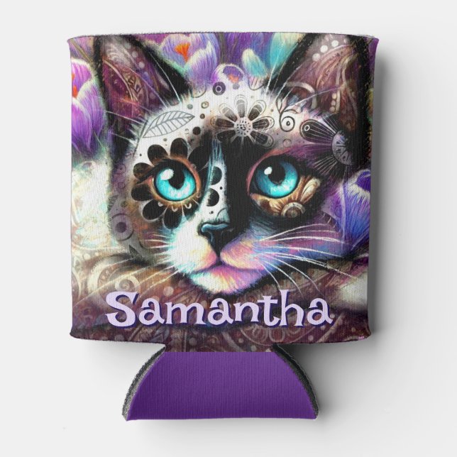 Enfriador De Latas Personalizado crocus floral de gato blanco gitano  (Anverso)