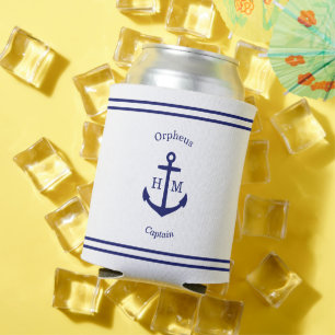 Enfriador De Latas Personalizado de Ancla Náutica (blanco y azul)