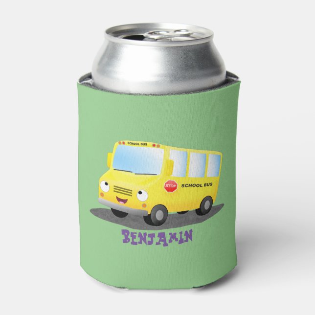 Enfriador De Latas Personalizado de autobús escolar alegre y amarillo (Lata Anverso)