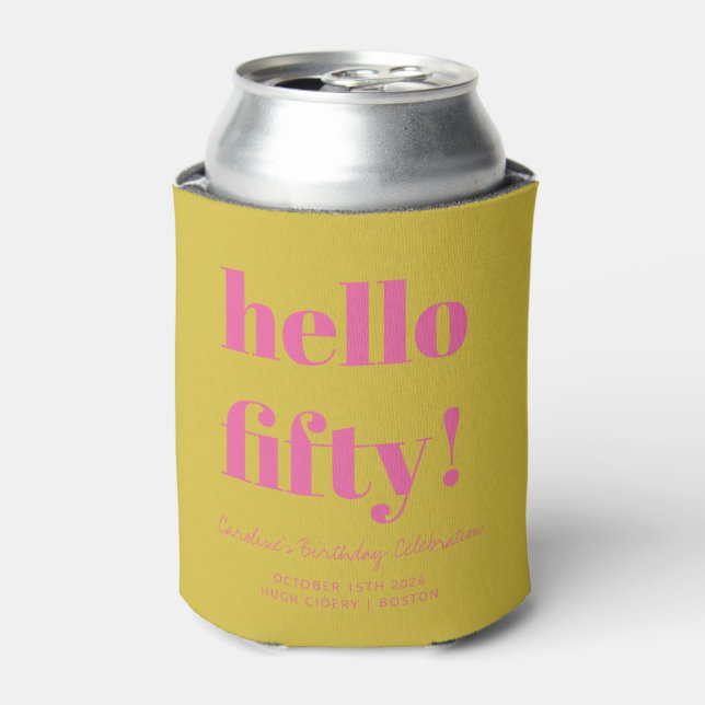 Enfriador De Latas Personalizado de cumpleaños 50 Abierto Amarillo Am (Lata Anverso)