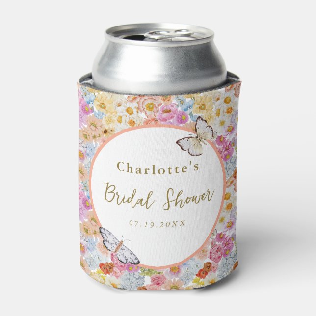 Enfriador De Latas Personalizado de ducha de novias con mariposa flor (Lata Anverso)