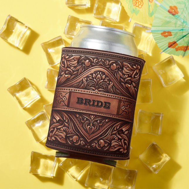 Enfriador De Latas Personalizado de novia Boda marrón de cuero occide (Verano in situ)