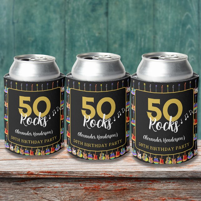 Enfriador De Latas Personalizado del partido de cumpleaños 50 Rock an (Rock and roll custom 50th birthday party can cooler)