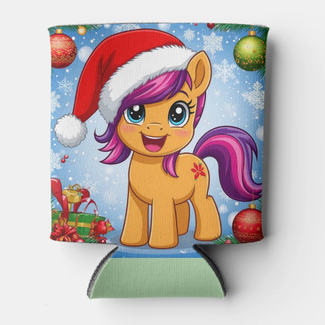 Enfriador De Latas Personalizado festivo Pony con sombrero Santa (Anverso)