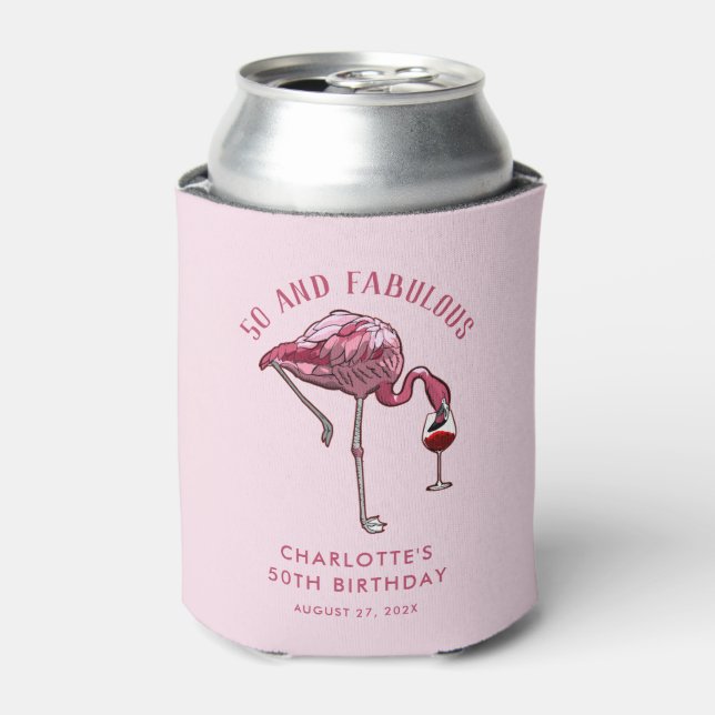 Enfriador De Latas Personalizado Flamingo 50 cumpleaños 50 y fabuloso (Lata Anverso)