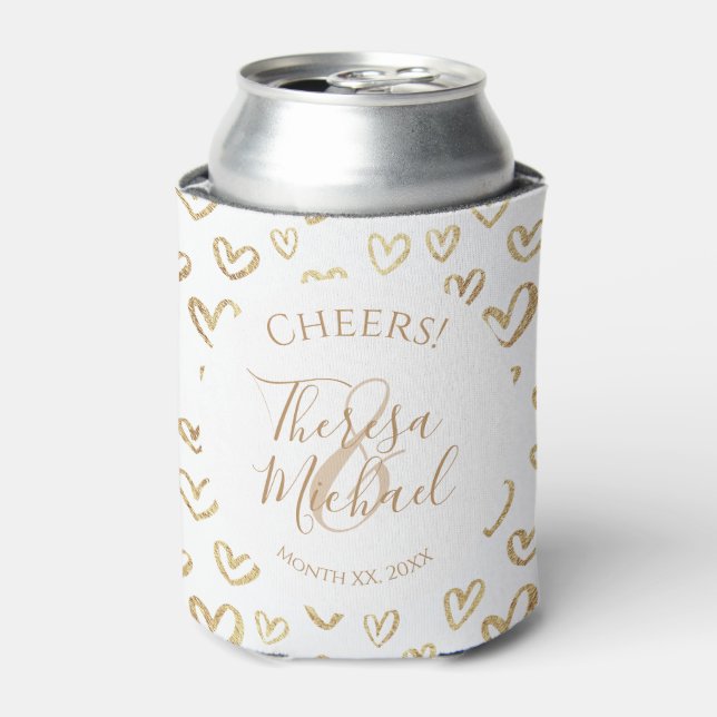 Enfriador De Latas Personalizado Gold White Hearts Diciendo Fecha (Lata Anverso)